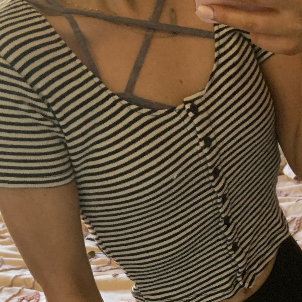 Black and white stripe button crop top